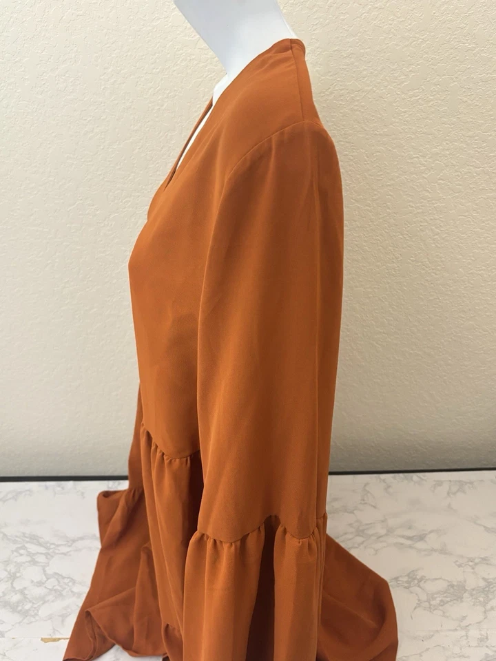 Vestido Midi Campesino Naranja Manga Larga Talla XL Fluido Boho Pullover Cuello en V Foto 2 de 4