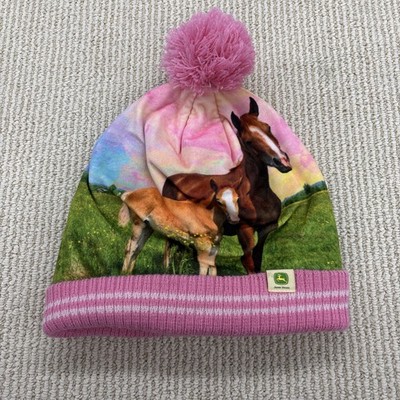 John Deere TODDLER Pink Horse Pom Pom Knit Beanie Winter Hat