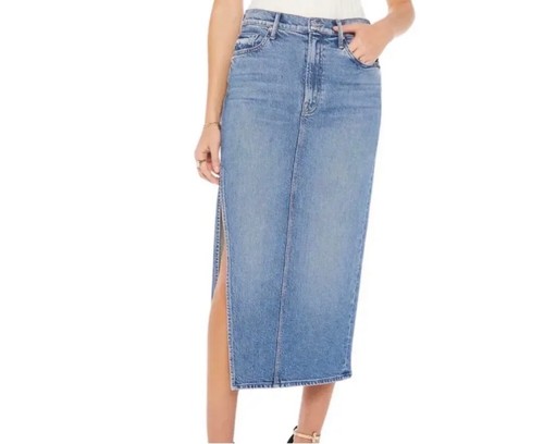 mother denim skirt split strike a pose