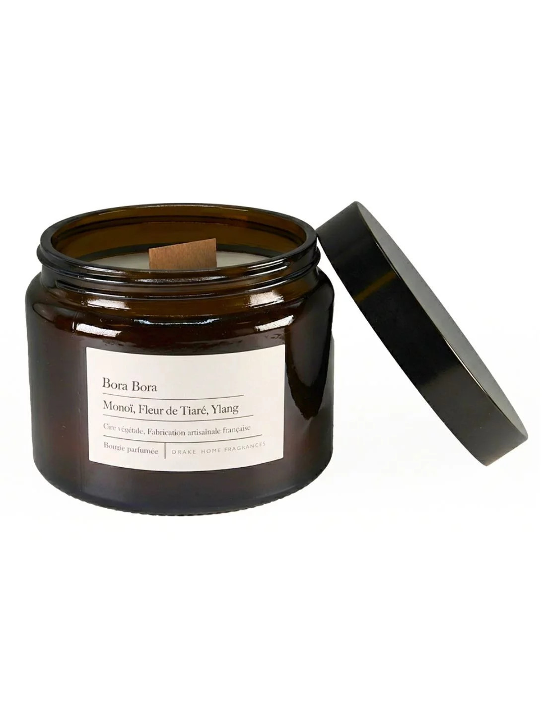 Bougie Bora Bora naturelle au monoï précieux et fleur de tiaré coulée en verre artisanal 250g