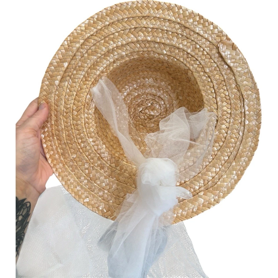 Vintage Womens Floral Straw Hat White Wide Brim Tulle Netting Romantic Wedding - Image 3 of 4