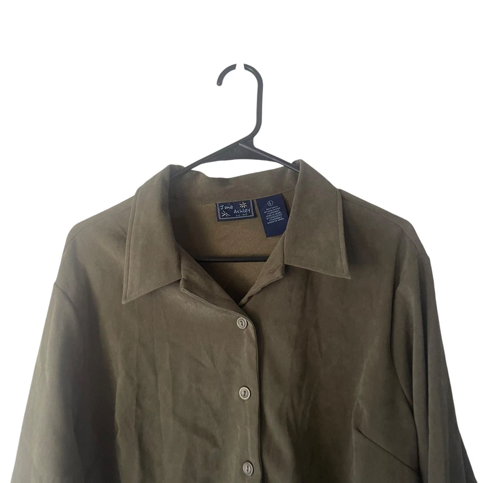 Blusa Jane Ashley Vintage Años 90 Talla Grande Verde Imitación Gamuza Abotonada Foto 2 de 4