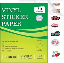 30 Sheets Printable Clear Sticker Paper for Inkjet 30 Sheets, Glossy White 