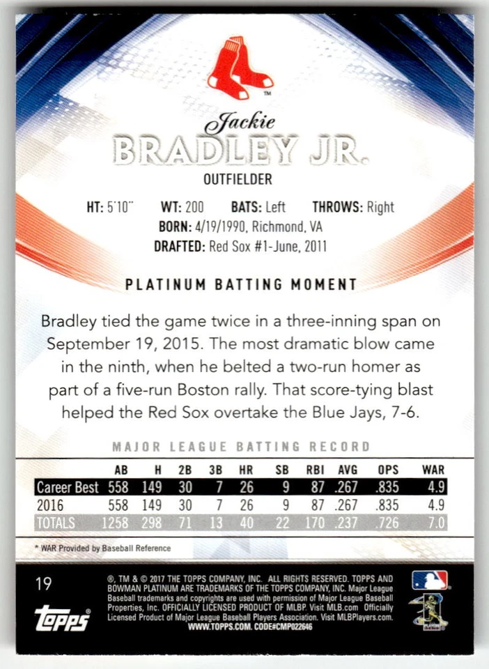 2017 Bowman Platinum #19 Jackie Bradley Jr. Boston Red Sox Baseball - Image 2 of 2