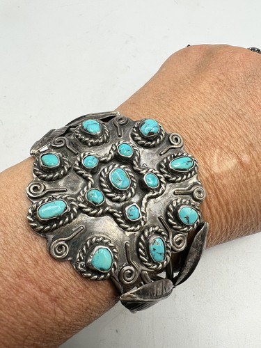 Vintage Navajo Turquoise Sterling Silver Cluster Cuff Bracelet 79g - Picture 4 of 8