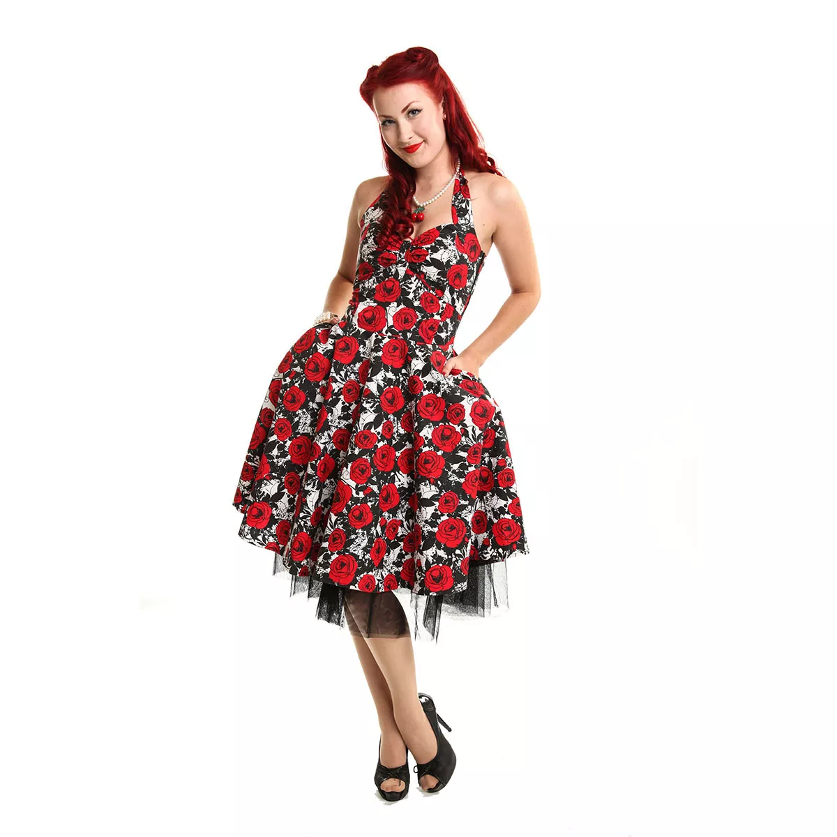 Rockabella Rosen Blumenmuster 1950er Jahre Rockabilly Retro Vintage Schaukel aus