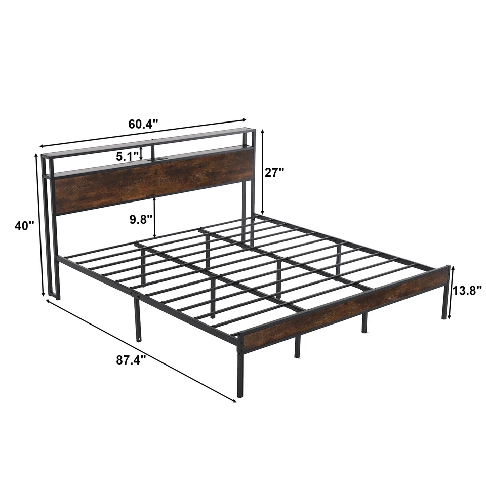 Marco de cama tamaño completo/queen/king con almacenamiento de 2 niveles y cabecero de luces LED Foto 3 de 4
