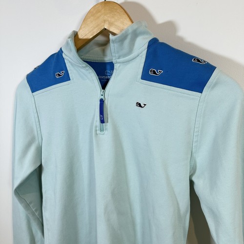 Vineyard Vines Pullover Kids Large 14 Quarter Zip Blue Mint Whales 100% Cotton - Picture 2 of 9