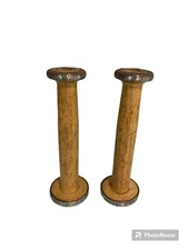 2 Antique Wooden Spools Textile Mill Thread Bobbin Spindle Vintage