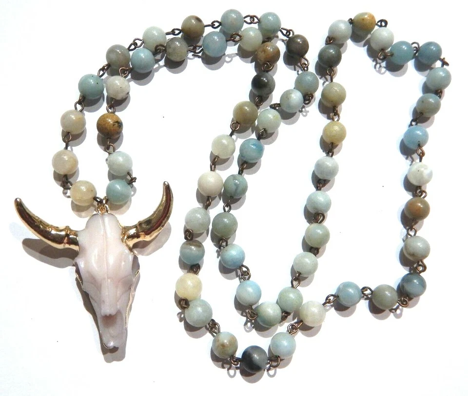 COLLAR CALAVERA VACA CUENTAS Piedra Amazonita Azul Dorado Buey Toro Ganado Boho L5 Foto 2 de 4