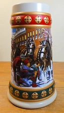 1993 Anheuser Busch Budweiser Hometown Holidays Christmas Beer Stein Clydesdales