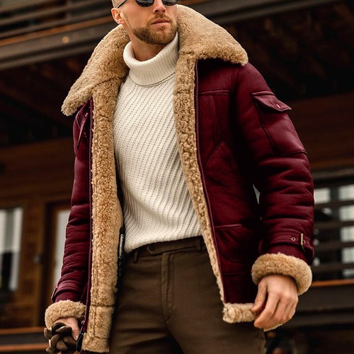 Men Winter Leather Bomber Jacket Warm Fur Suede Collar Biker Coat Outwear Tops - Picture 12 of 15