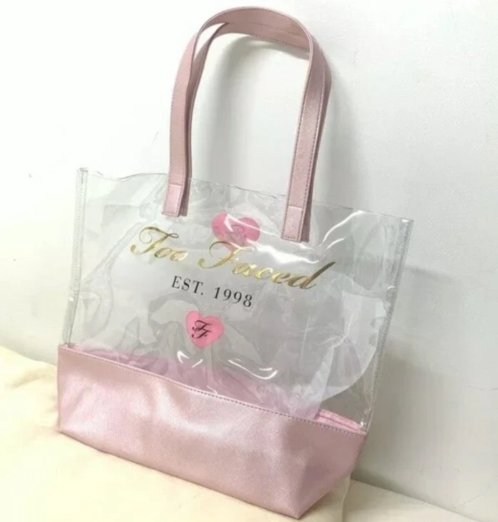 TOO FACED Large Pink Blush Clear Vinyl Transparent Tote Bag Hangbag Purse  New