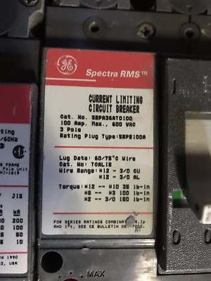 SEPA36AT0100 GE 100 Amp 600V 3 Pole 100kA@480V Bolt On Circuit Breaker Spectra 