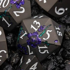 Sage's Petrified Flowers Black/Purple Flowers Metal Dice Set Dnd Dice RPG TTRPG