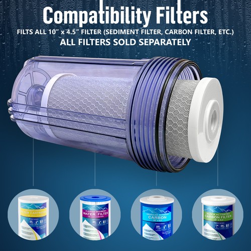 2 Transparent High Capacity 10 x 4.5” Whole House Filter Systems 1” Brass Port - Picture 6 of 8