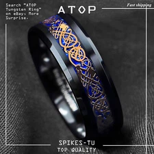 8mm Black Tungsten Ring Rose Gold Celtic Dragon Blue Carbon Fibre ATOP Jewelry