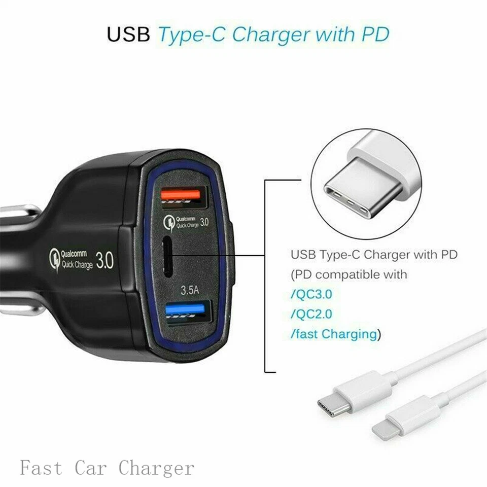 3 Port USB & Tpye C Fast Car Charger 3.1A USB Quick Charger QC3.0 Lighter Socket - image 3 of 4