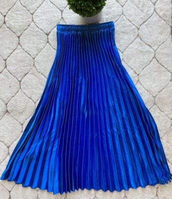 Petra Women's Skirt High Waist Satin Pleated Blue Size S/M