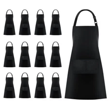 12 Pack Bib Aprons with 2 Pockets Cooking Chef Kitchen Apron for Women Men Black