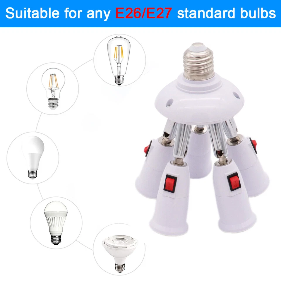 5 in1 E26/E27 Splitter Socket Adapter Extender Standard Bulb W/ Switch Converter - Image 4 of 4