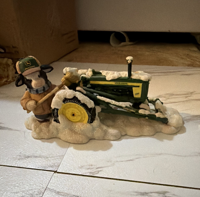 John Deere Resin Tractor Figurine w/ Snowman, Winter Snow Pattern, Painted 3D