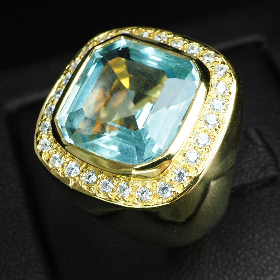 Anillos de oro de 24 quilates de plata de ley 925 vibrante azul cielo aguamarina 8,12 quilates tamaño 6,5 Foto 3 de 4