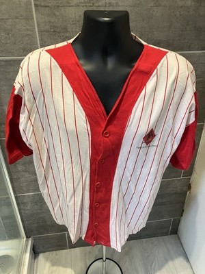 Vintage Softball Shirt in rot & weiß Nadelstreifen - Größe L