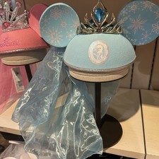 Disney Parks Frozen Queen Elsa Tiara, Blue Veil with Ears Hat Child Size NEW