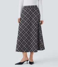 Halara High Waisted Pocket Houndstooth Plaid Flare Midi Skirt Black Tartan, XL
