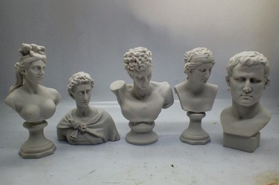 Fünf Mini Resin Büsten inspiriert von römischen und griechischen Figuren - 7,5 cm höchste