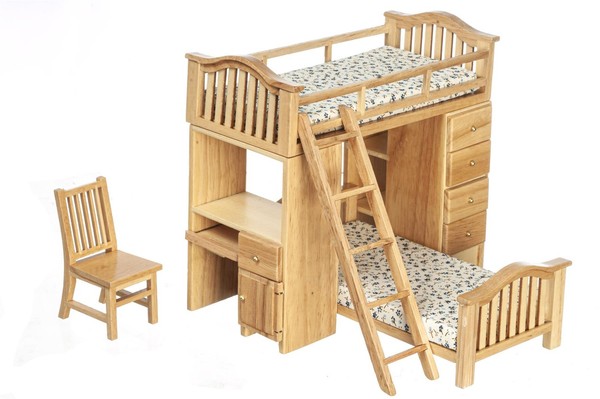 Puppenhaus Etagenbett Set Eiche Hell Hoch SchläFer Miniatur Schlafzimmer MöBel-image