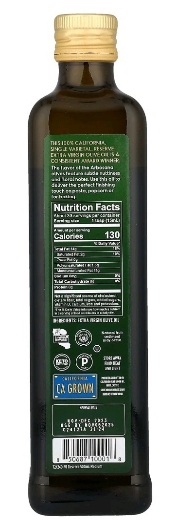 (4 PACK) 100% California, Extra Virgin Olive Oil, Arbosana, 16.9 fl oz (500 ml)