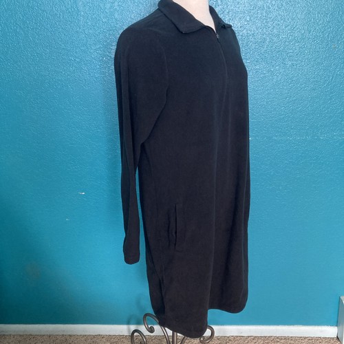 LANDS END Womens Nightgown Sz M T Black Warm Fleece Zip Night Shirt Loungeware - Picture 2 of 8
