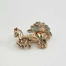 Vintage Gold Tone Horse and Flower Carriage Brooch Enamel Rhinestone Pin Retro