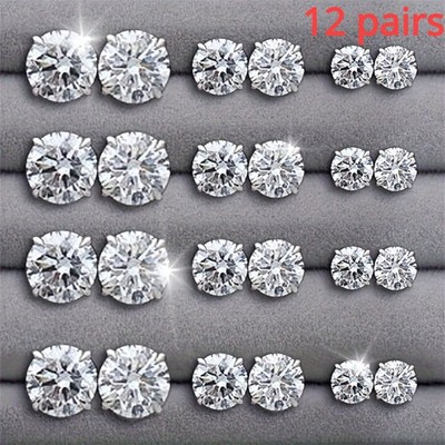 Silver Alloy Zircon Stud Earrings Set 12 Pairs Round Six Prong for For Gifts