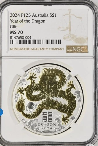 2024 Australia GILDED Silver Lunar Year of the DRAGON NGC MS 70 1oz Coin FR GILT