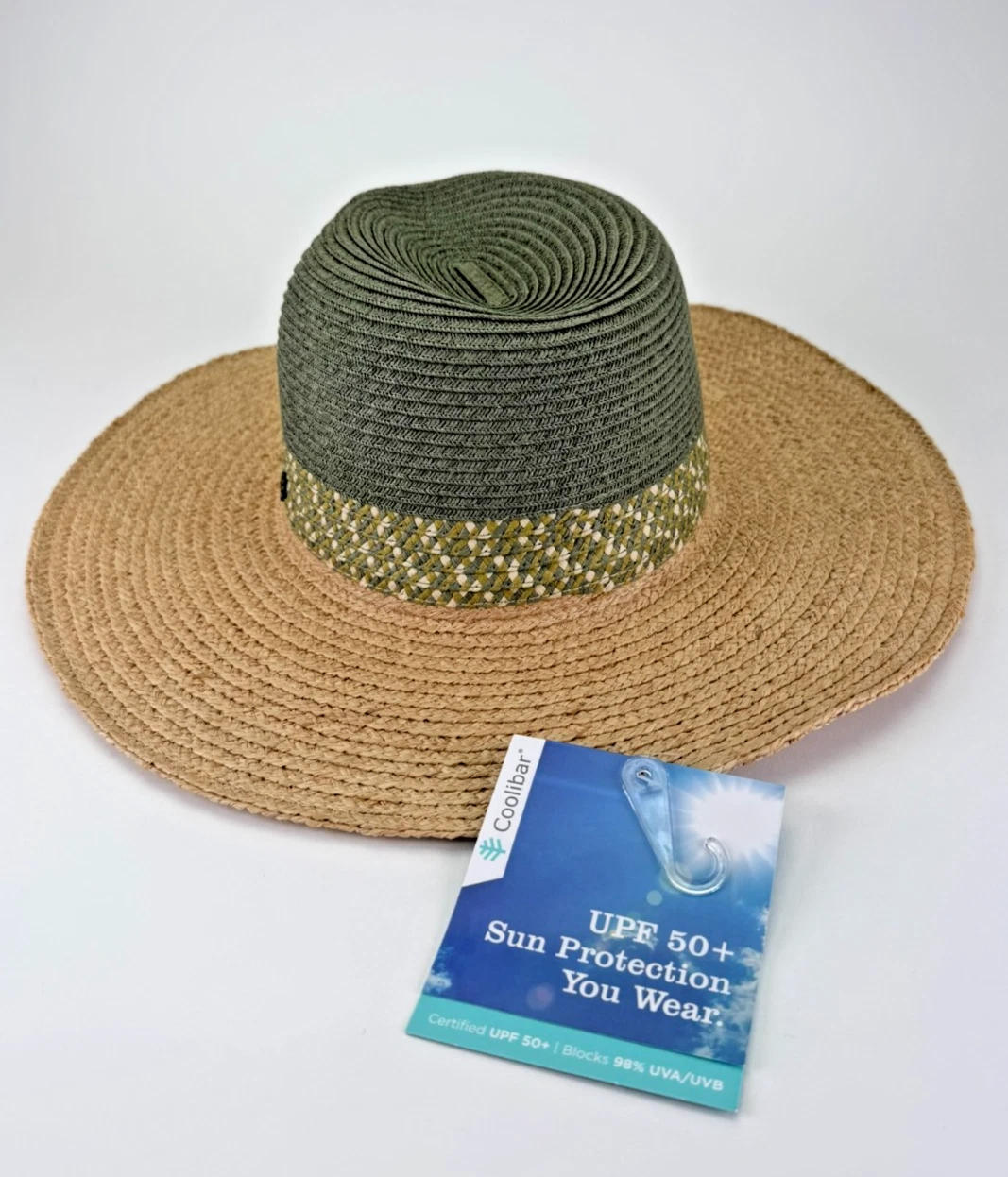 Coolibar UPF 50 SPF UV Travel Amelia Island Stripe Hat Green Raffia Woven w Tags