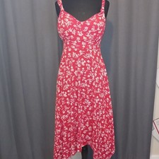 Red Floral Print Smocked Bodice Midi Tank Dress Asymmetrical Hankercheif Hem L