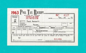 Vintage 1963 Poll Tax Receipt State of Texas County of Wise. Paul Bennett.