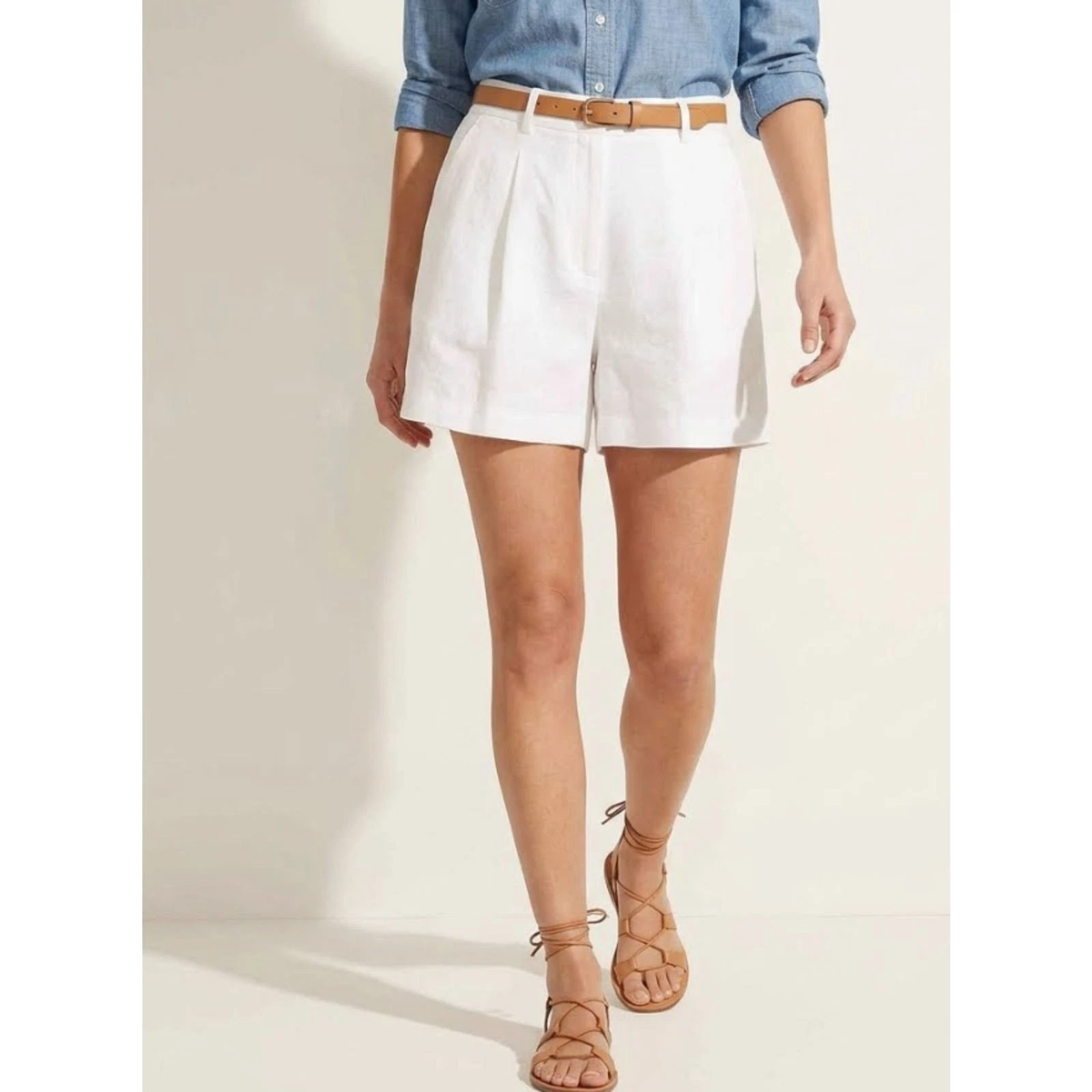 New H&M Linen Blend Shorts High Waist Pleated Women's Plus Size 18
