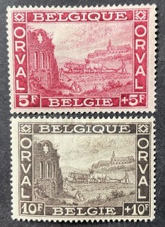 Belgium 1928 Orval 2 x top value stamps mint hinged