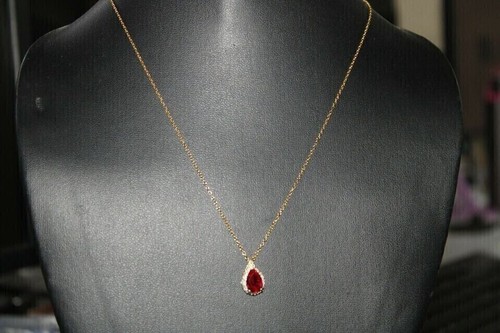 2.50Ct Pear Cut Lab Created Ruby Halo Pendant Necklace in 14K Yellow Gold Plated - Picture 2 of 5