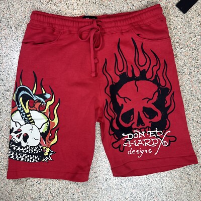 Ed Hardy Retro Graphic Fleece Sweat Shorts Skull Cobra Tattoo Sz L Red Hemmed