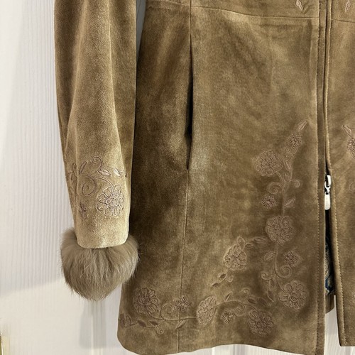 VTG Georgiou Studio Brown Suede Embroidered Flowers Fur Trim Double Zip Sz6 Smal - Picture 5 of 12