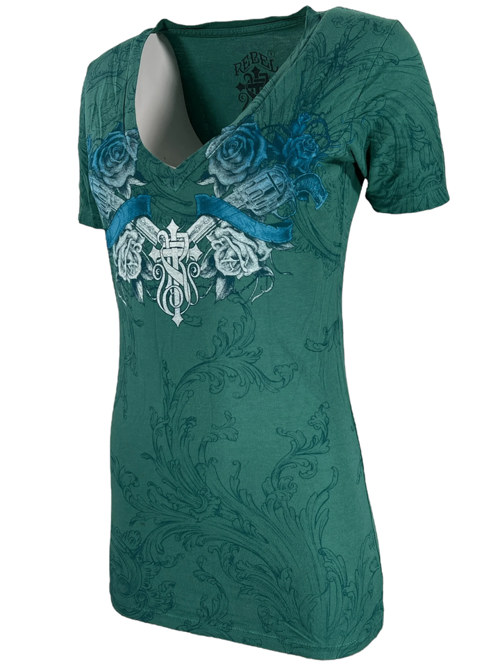 Anime Cult T-shirt Donna Rebel Saint By Affliction - Tema Garage, Biker, Tatuaggi, Maniche Lunghe, Cotone 100% T-shirt Affliction - Foto 10