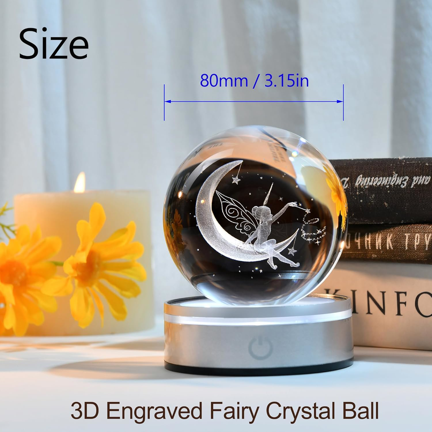 3D Laser Engraved Fairy Crystal Ball Night Light Gift for Girls and Fairy Lovers