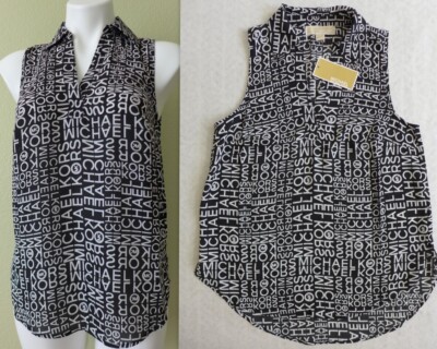 NWT MICHAEL KORS Allover Logo Print Sleeveless High-Low Hem Shirt XS/M/XL Black
