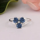Three Stone 4MM Natural London Blue Topaz 925 Sterling Silver Heart Ring Women
