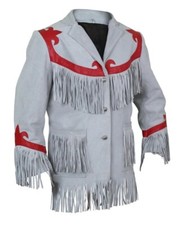 Mens Western Wear Suede Leather Cowboy Fringe Shirt Style  American Grey Jacket